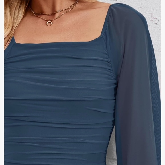 Sexy Ruched Bodycon Midi dress in blue with long Puff sleeve square neck size XL - Picture 5 of 6